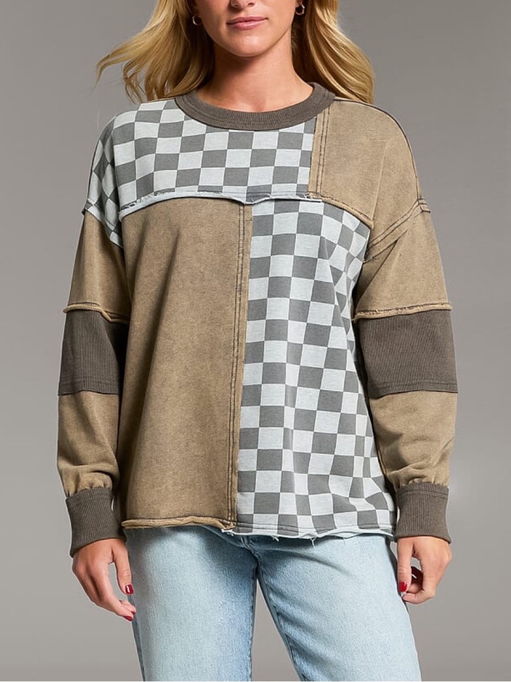 BKE Checkered Color Block Oversized Pullover, size XL